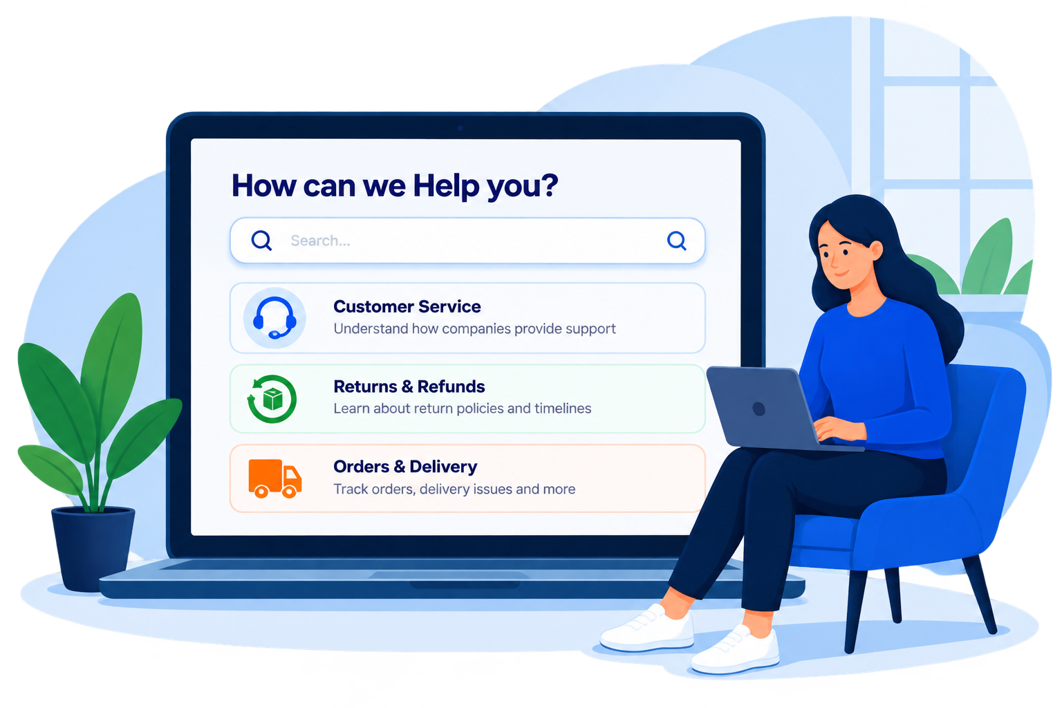 Illustration of a laptop showing a "How can we Help you?" support panel, next to a person sitting in a chair using a laptop